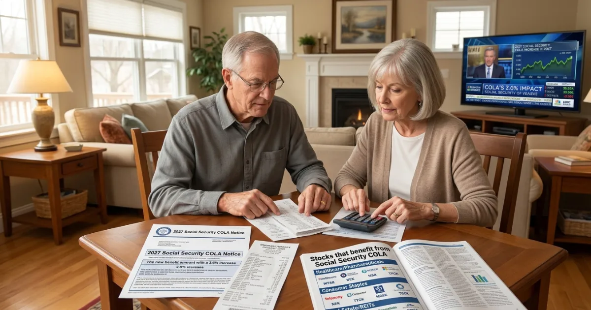 Retired couple reviewing grocery and pharmacy receipts beside a 2027 Social Security COLA notice, illustrating stocks that benefit from Social Security COLA