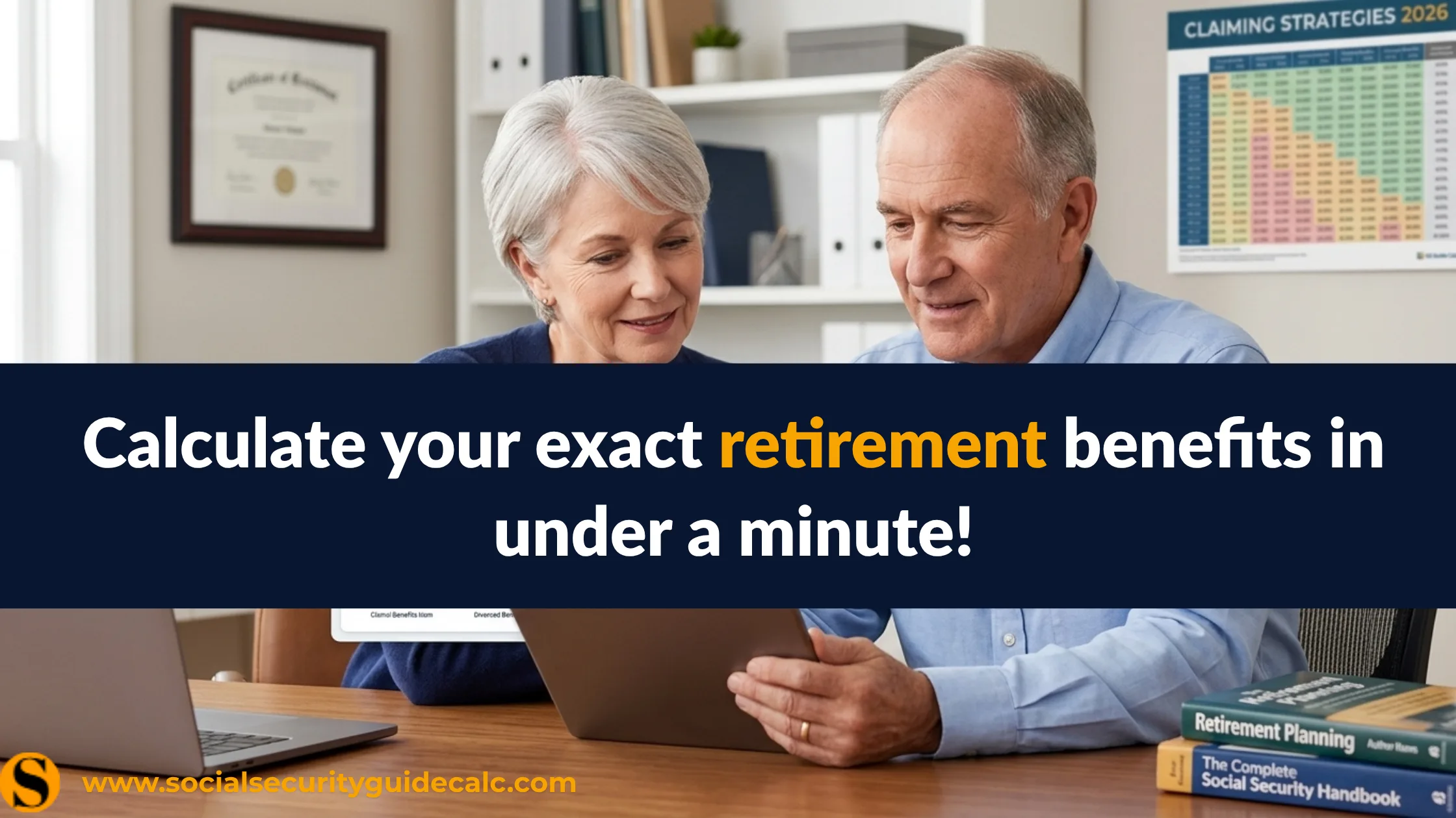 Senior couple reviewing Social Security spousal and divorced benefit claiming strategies on a tablet, Social Security Guide